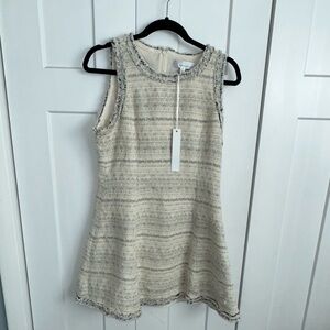 Adelyn Rae  Ivory Tweed Fit & Flare Dress Size large Sleeveless Fringe NWT